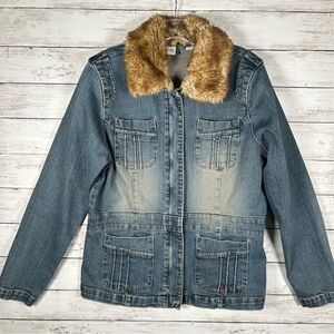 Mary McFadden VINTAGE Removable Faux Fur Collar Distressed Denim Jacket M
